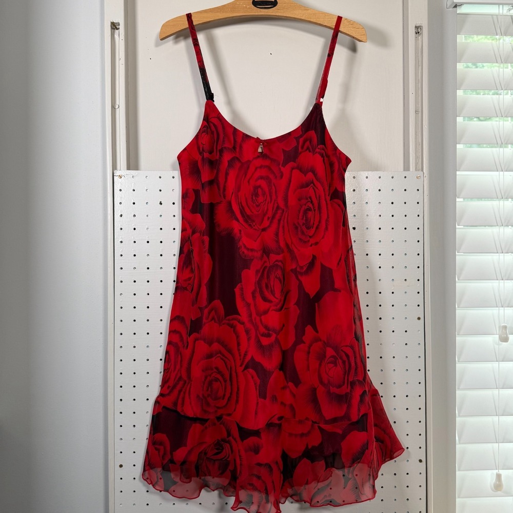 Lord & Taylor Nightie Red Rose Floral Lined Ruffle Sleeveless Sleep Dress Medium